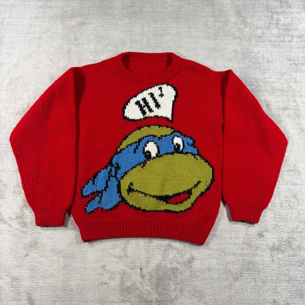 Vintage TMNT Sweater Youth Medium Red Leonardo Hand Knit 90s Cartoon